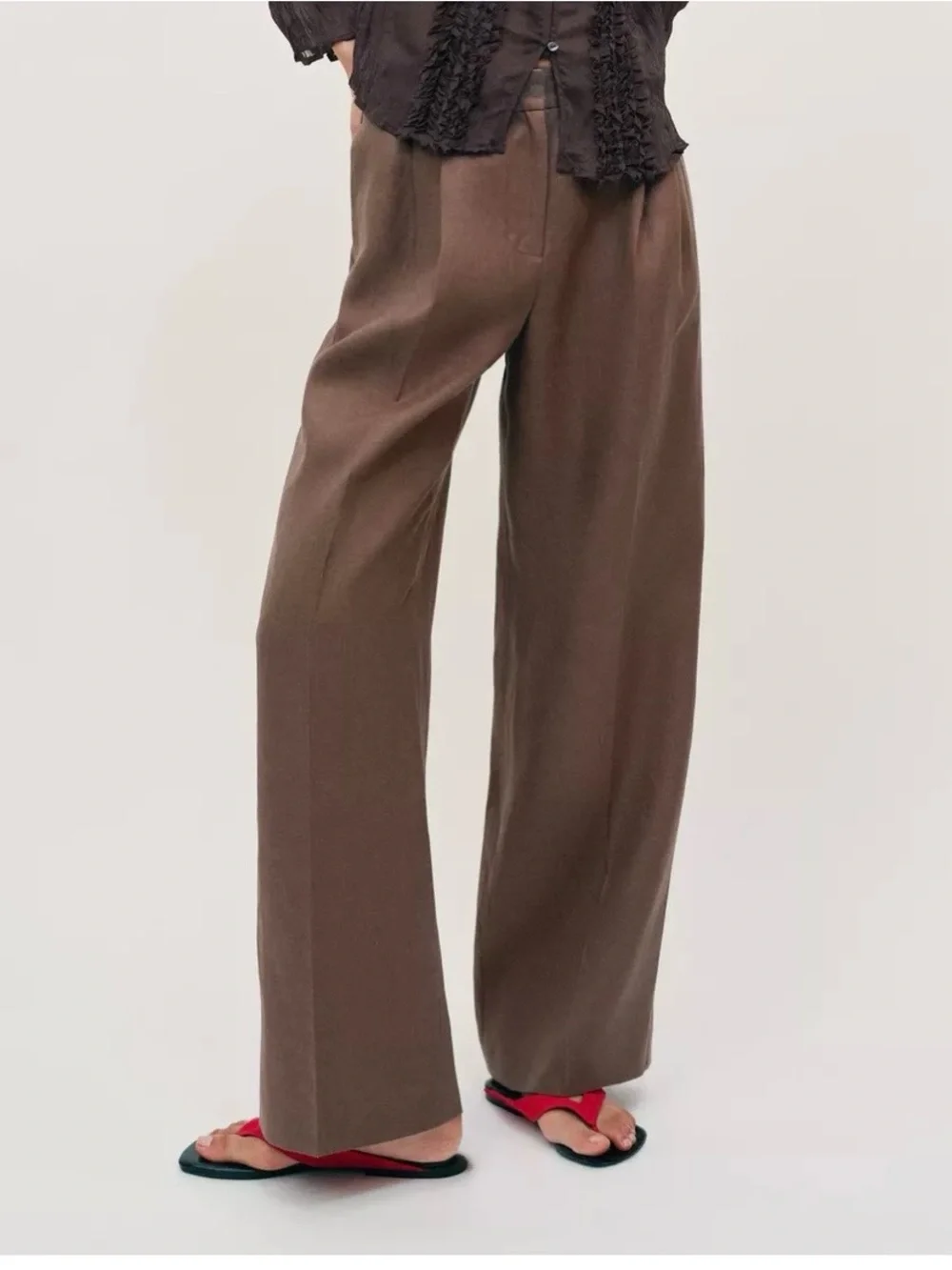 Zara NWT 100% Linen Wide Leg Straight Pants High Rise Brown Trouser